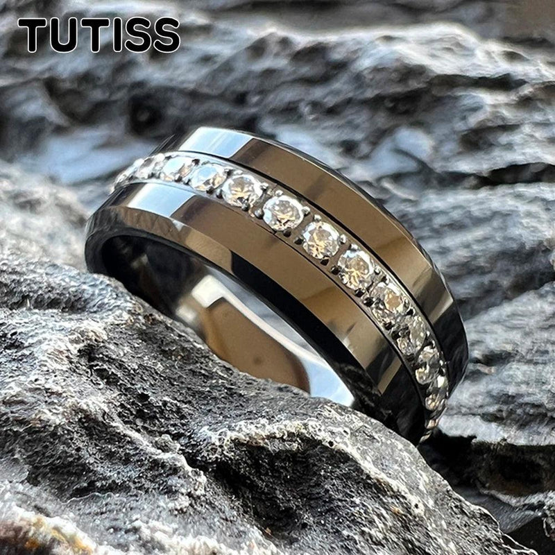 TUTISS 8mm CZ Stone Inlay Beveled Edges Black Tungsten Ring for Men Women Eternity Fashion Engagement Wedding Band - CRAVO ROSE