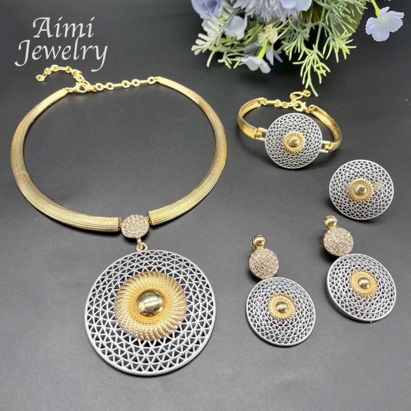 Large Round Pendant 18K Gold Plated Jewelry Set for Women Necklace Earrings Bracelet Ring African Bridal Wedding Party Gifts - CRAVO ROSE