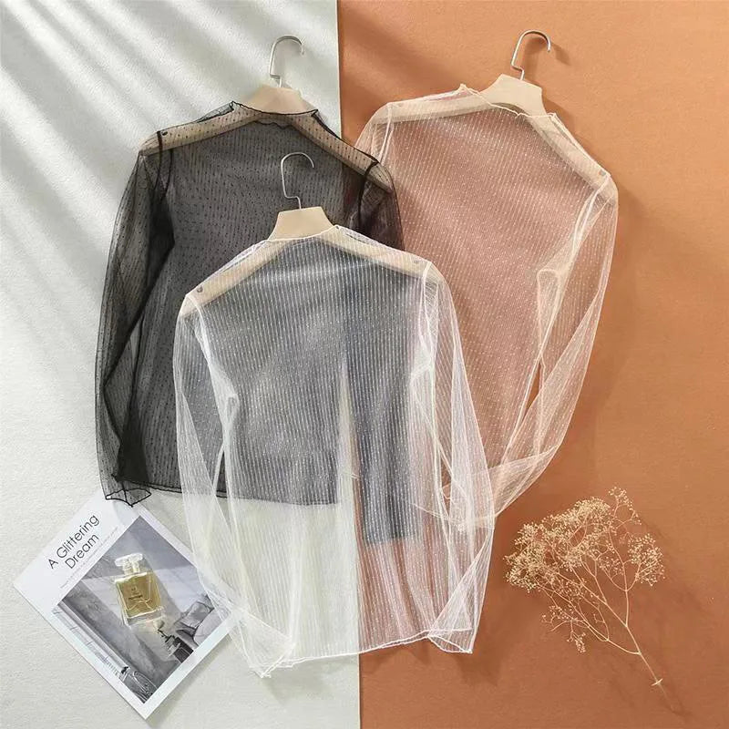 Sexy Mesh Perspective Top Ladies Sheer Blouses Women Lace Floral T Shirt See Through Long Sleeve Tee Shirts Sunscreen Tops