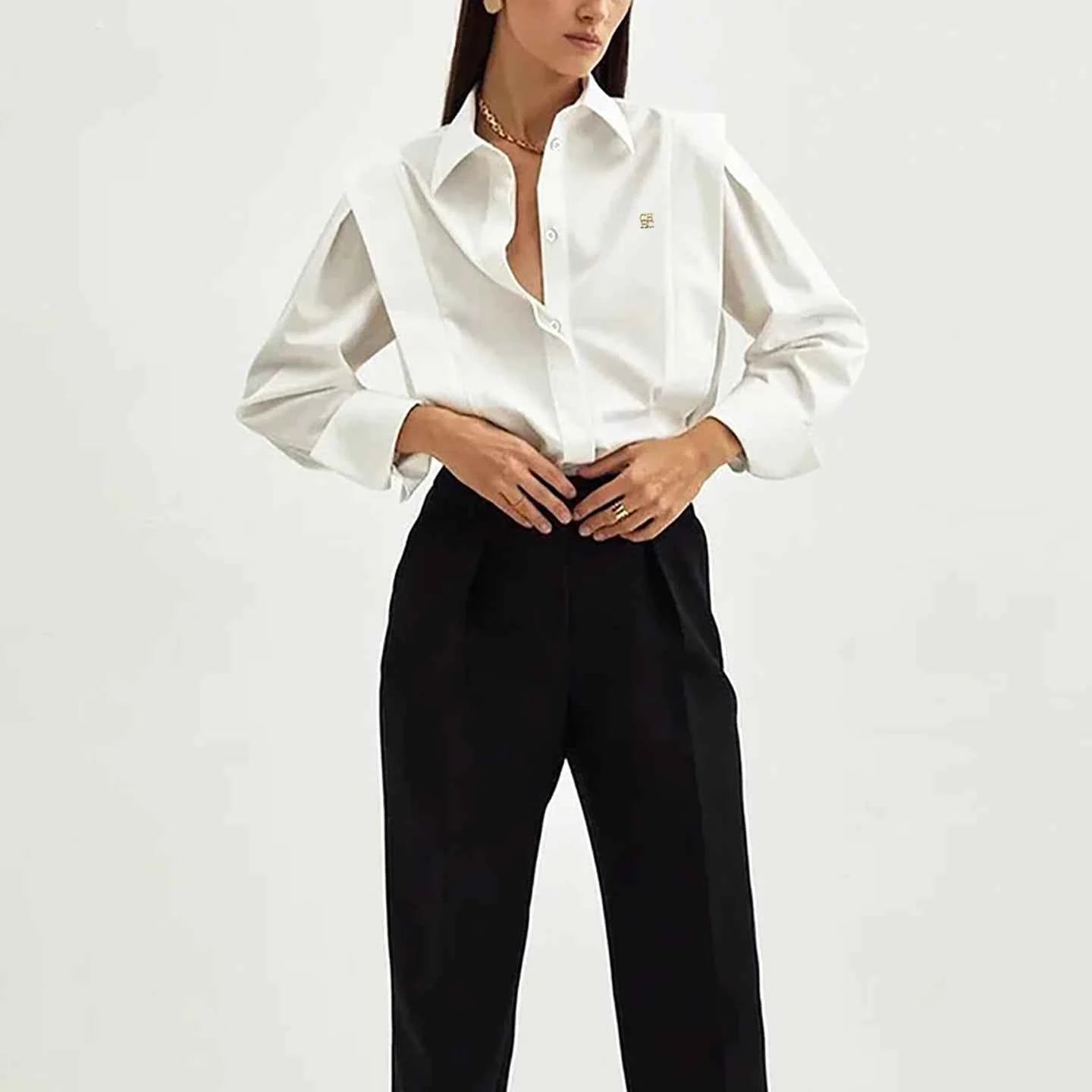 CH Womens CH Logo Embroidered Shirt Long Sleeve Structured Shoulder Office Blouse Fashion Button Down Top