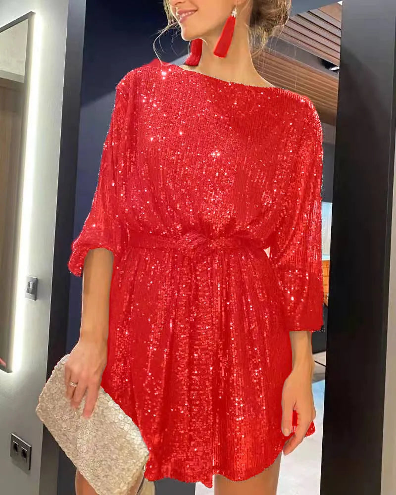 Fashion sequined Pearl color waist dress evening dress skirt women's dress