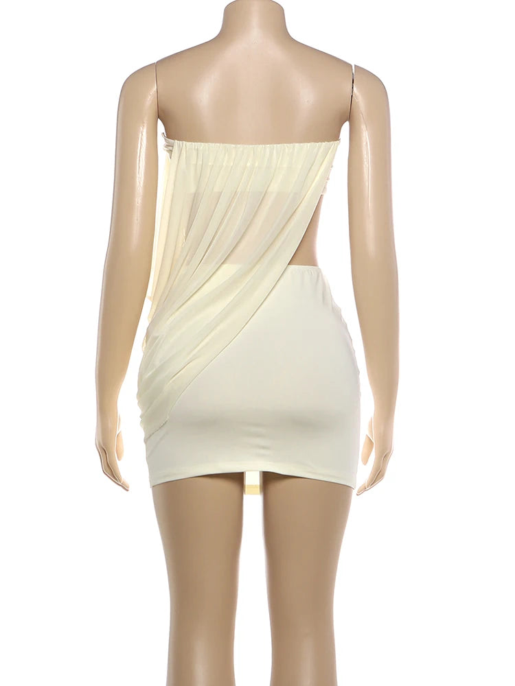 Nibber Chic 2Piece Set Women Fashion Mesh Ruched Patchwork Irregular Hem Tank Top+Peach Hip Skirts Sexy Party Club Elegant Suits