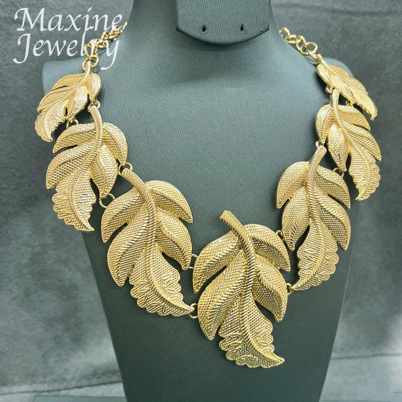 Leaf Shape Trendy Dubai 24K Gold Plated Jewelry Set for Women African Necklace Earring Bracelet Ring Luxury Party Wedding Gifts - CRAVO ROSE