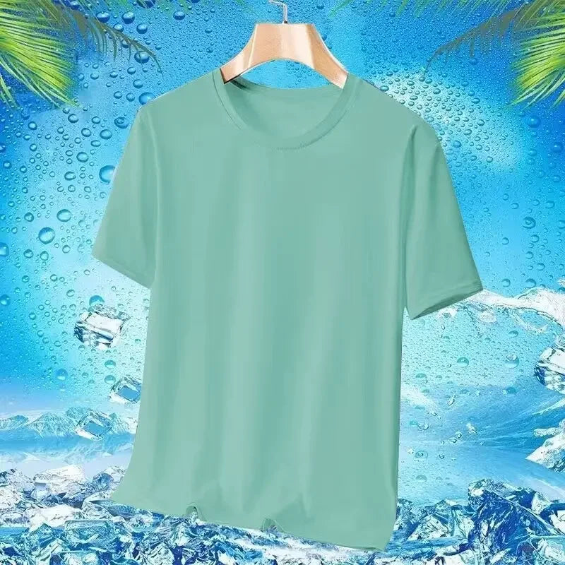 Camiseta masculina de manga curta, de seda gelada e secagem rápida, nova malha respirável, ajuste solto, gola redonda, camisa esportiva casual para o verão