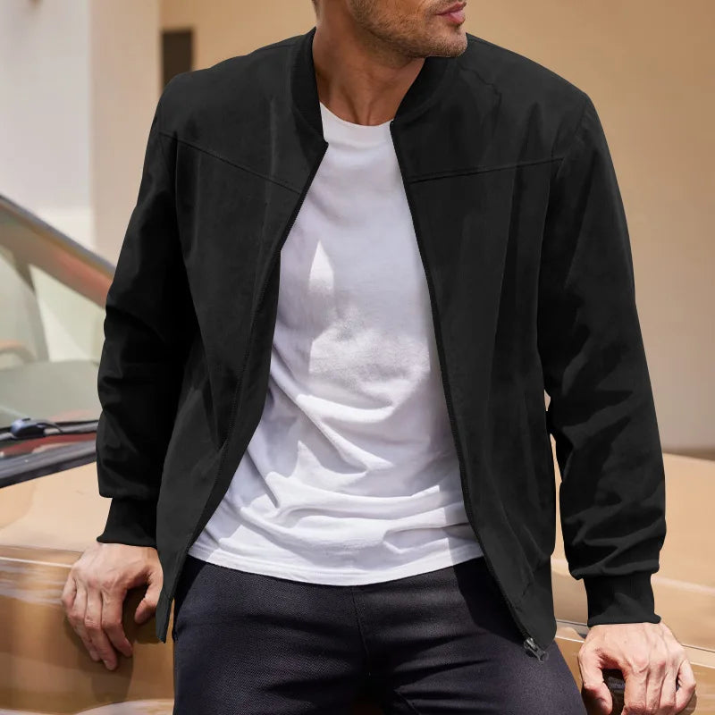 Men's Business Casual Suede Jacket Zipper Collar Warm Sporty Outerwear Polyester Fabric Long Sleeve round Hem Knitted Sleeve