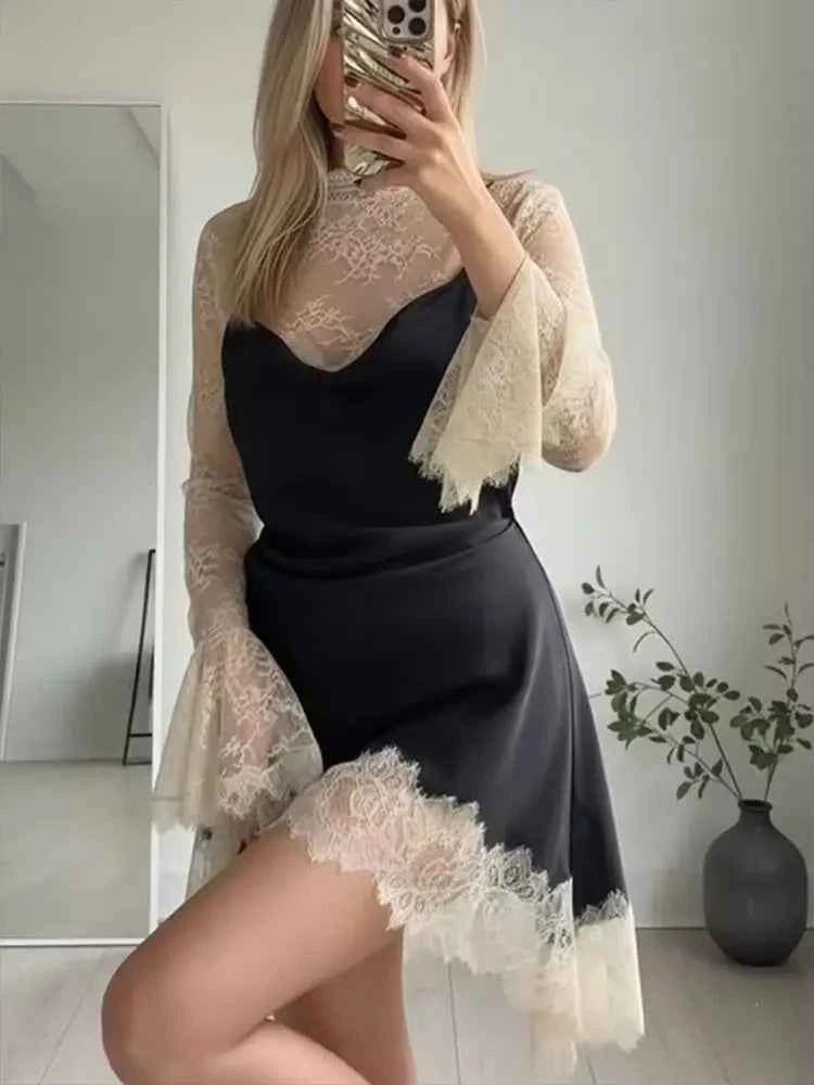 HH 2026 Women Lace Patchwork Mini Dress Vintage Contrast Slim Long Sleeve Dresses Y2k Summer Fashion High Street Lady Chic Dress