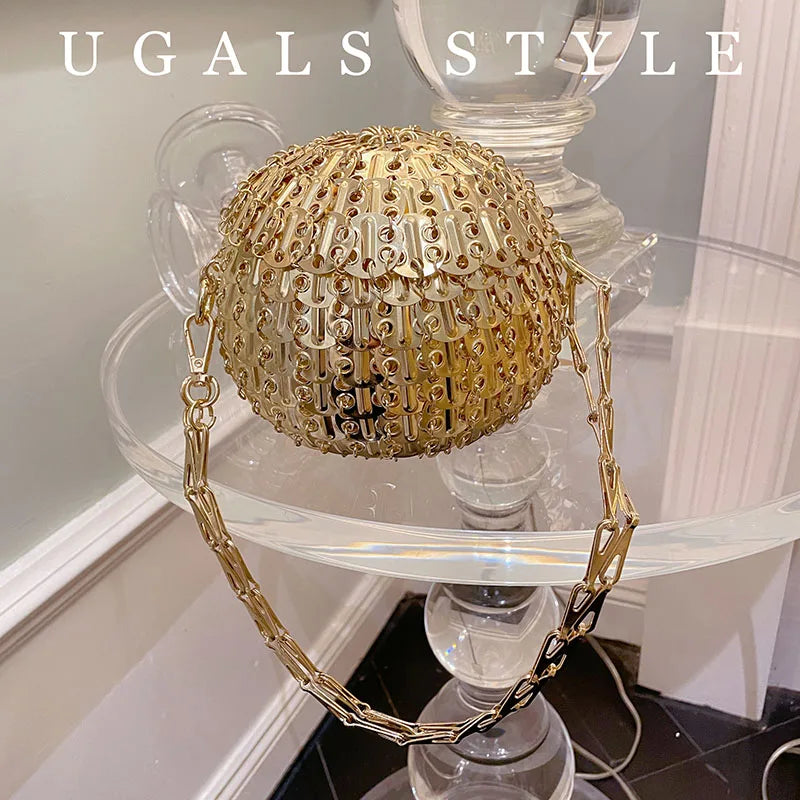 Bolsas femininas de metal lantejoulas corrente tecido saco bola forma oco sacos noite embreagem viagem férias bolsa ombro - CRAVO ROSE