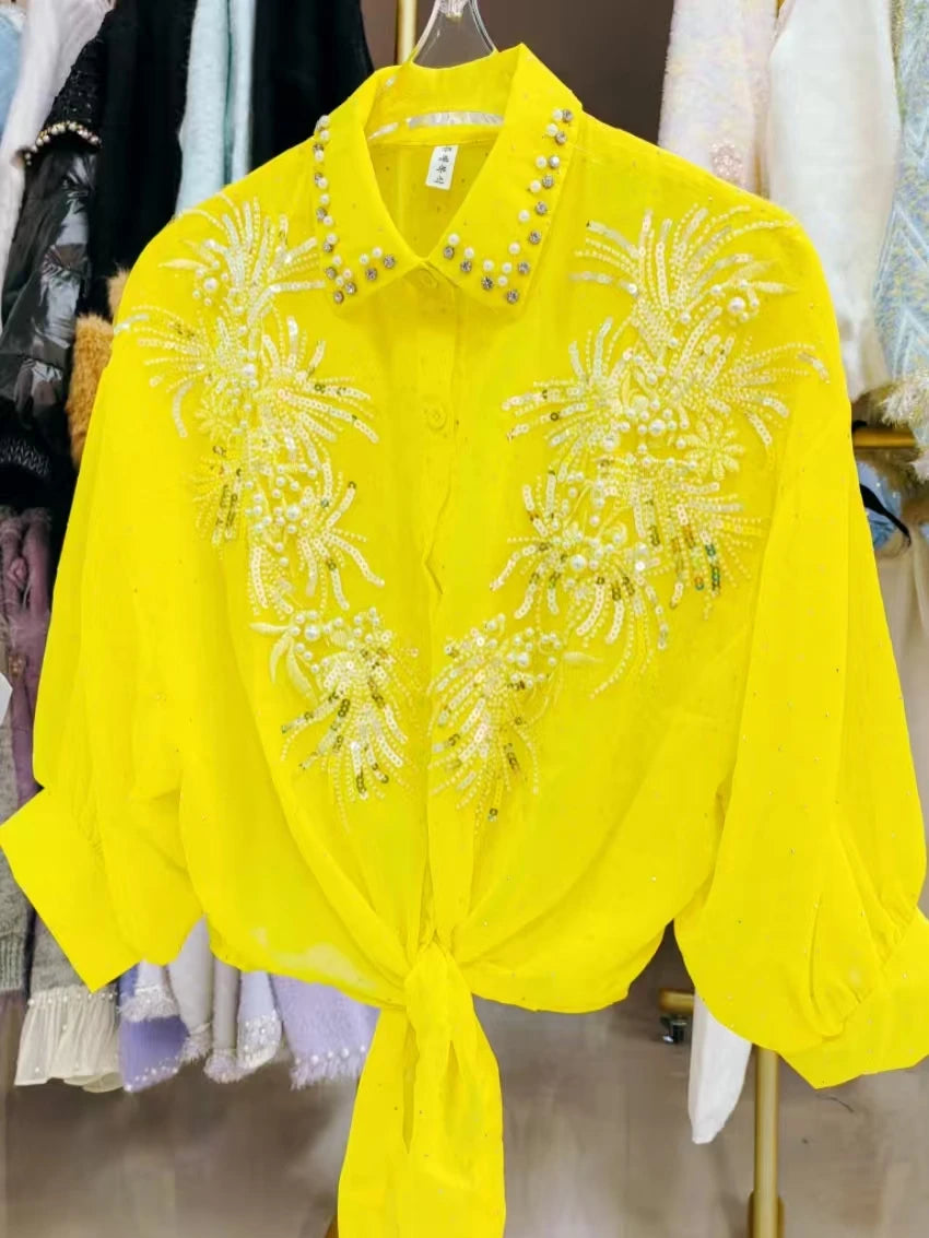 High-end Sequines Pearls Beaded Stitch Sunscreen Blouses Shirts for Women Cardigans Spring Summer Top Korean Popular Clothes