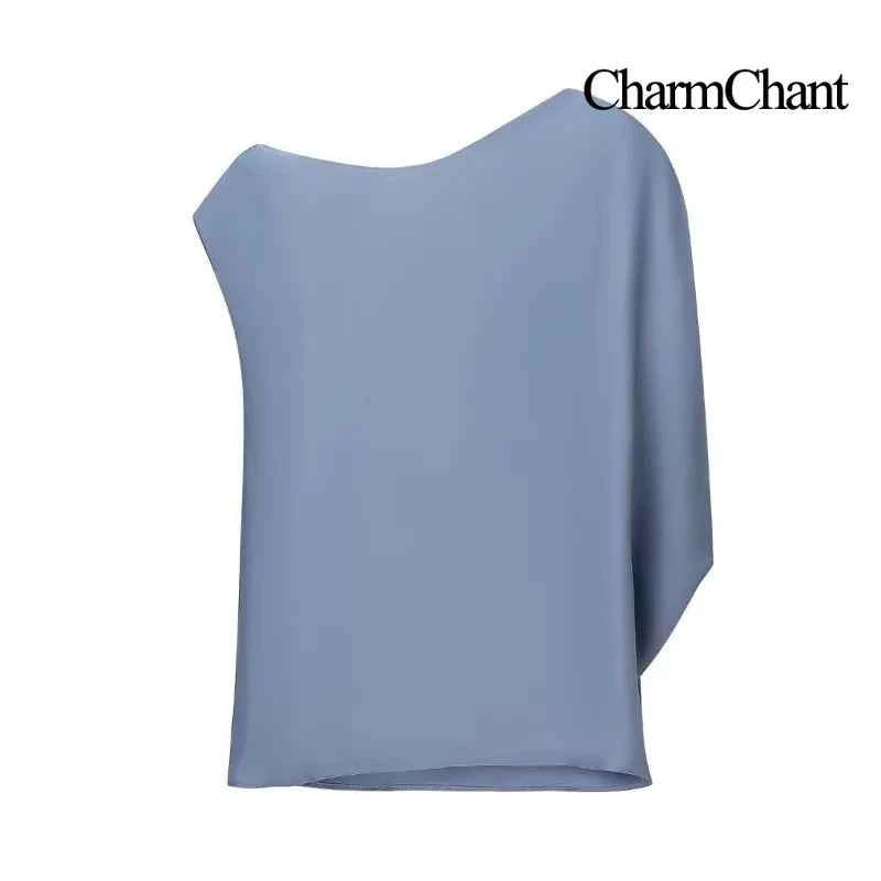 CharmChant Women's One Shoulder Satin Top with Buckle Cropped Y2k Harajuku Fashion Elegant chic Sleeveless Shirt Blouse Female