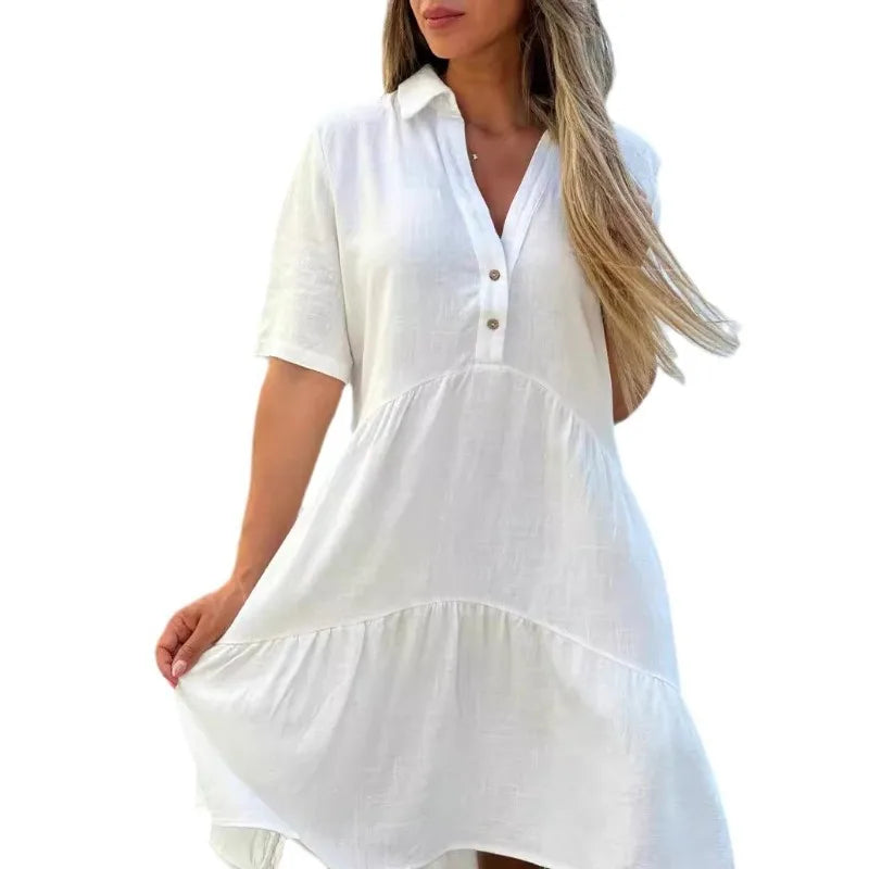 Vestido casual com lapela e babados, linha A, para férias na praia, solto, liso, de algodão e linho, manga curta