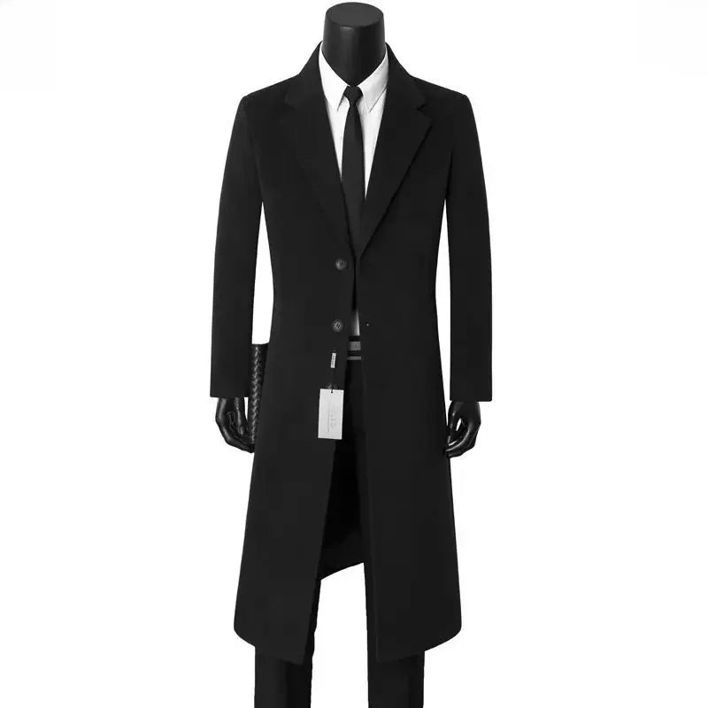 Sobretudo de lã masculino para outono e inverno, comprimento médio, casual, corta-vento quente, jaqueta com gola para pai