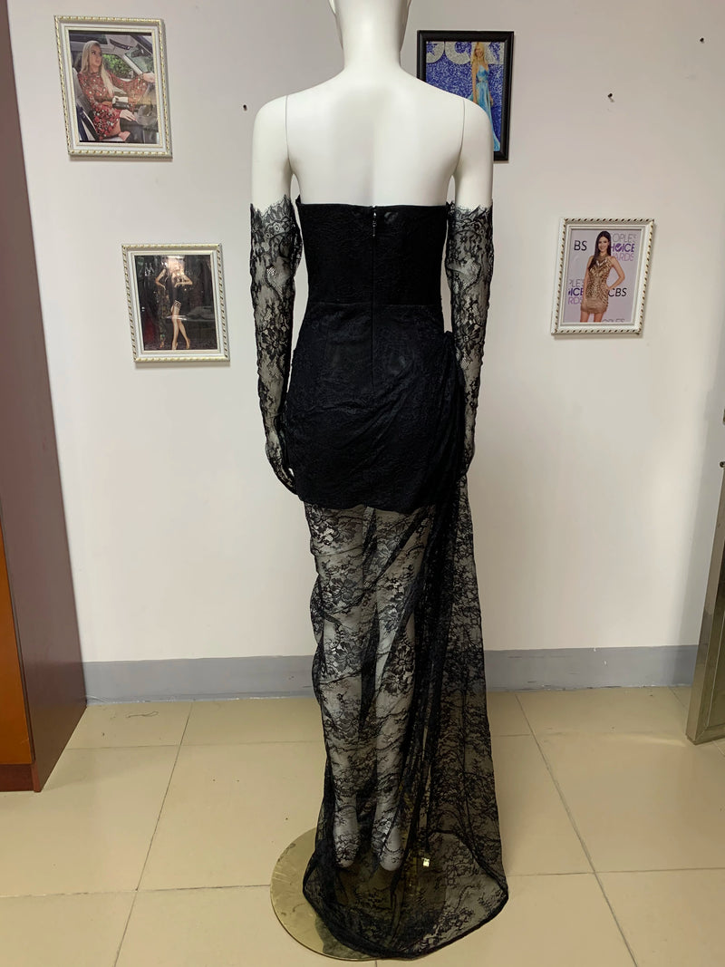 Luxury Designer Fashion Women Black Strapless Lace Embroidery Bodycon Open Leg Long Dress with Gloves Formal Evening Party Gowns