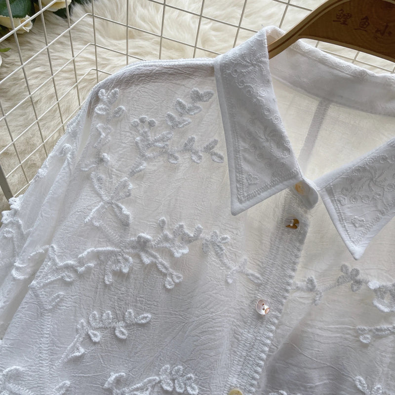 Camisa solta bordada SINGREINY feminina elegante retrô com lapela sólida manga comprida blusa feminina de alta qualidade moda verão