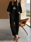 Women Loose Jumpsuit Pockets Round Neck Straight Pant Minimalist White Streetwear Office Lady Rompers One Piece Sets