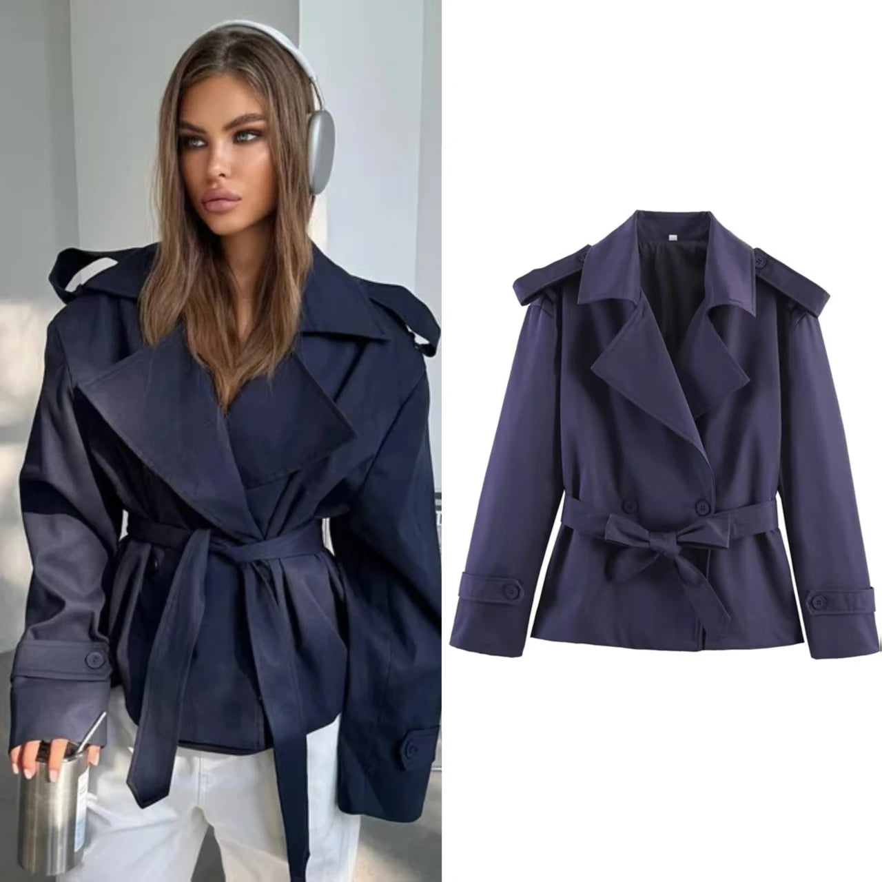 Women's Coat 2026 Spring New Style Solid Color Long Sleeve Belted Short Trench Coat European and American Personalized Fashion