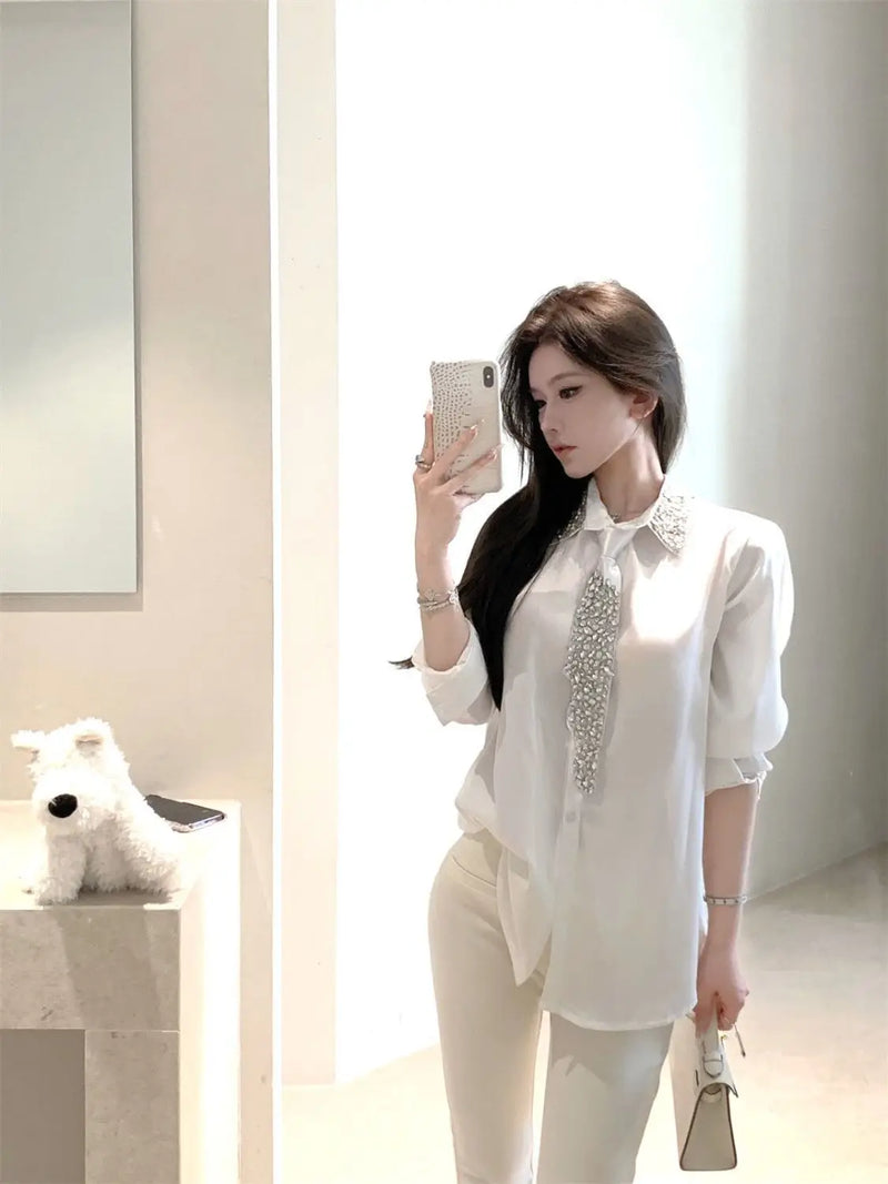 Camisas de cetim com gravata diamantes para mulheres, blusas soltas de manga comprida com lapela e lapela, elegantes francesas, para combinar com todas as mulheres, primavera 2025