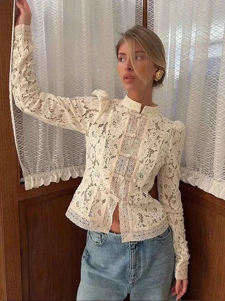 Retro Solid Chinese Hollow Lace Shirt Women Chic O-Neck Long Sleeve Slim Knit Top Summer 2026 Fashion New Street Floral Blouses