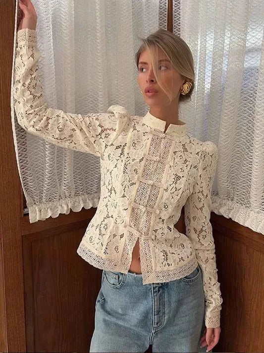 Retro Solid Chinese Hollow Lace Shirt Women Chic O-Neck Long Sleeve Slim Knit Top Summer 2026 Fashion New Street Floral Blouses