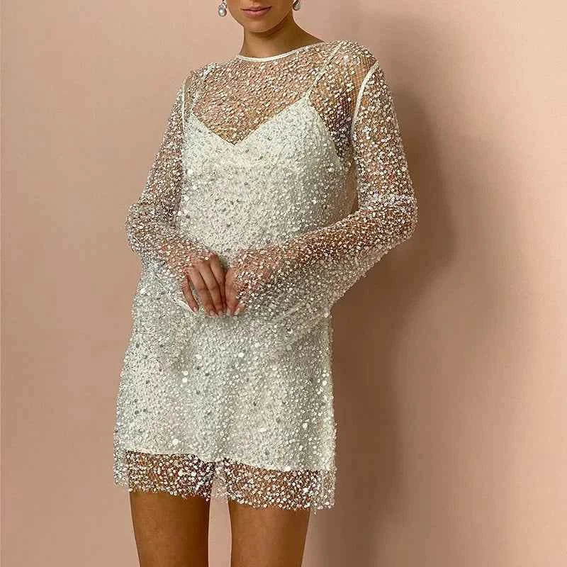 2PCS Women's Summer Suspender Dress With Sequined Seersucker  Perspective Mesh Strap Design Party Dress Up Black And White