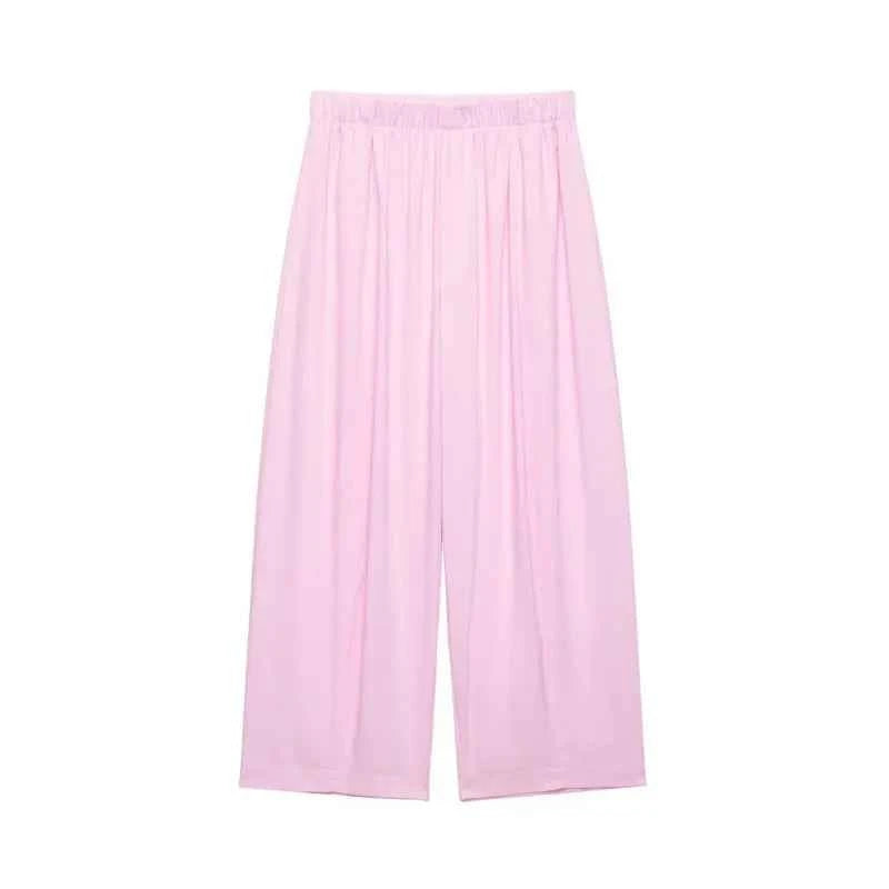 Women's Mid Waist Pants Set Spring 2 Piece Set Lapel Collar Shirt Pocket Elastic Waist Barrel Trousers Two Piece Female Outfits
