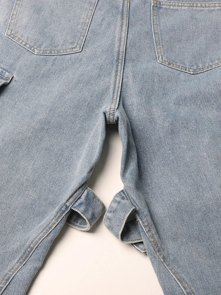 TWOTWINSTYLE Calça jeans feminina folgada com bolsos e patchwork, casual, lisa, cintura alta, botão emendado, streetwear, cargo, jeans feminino