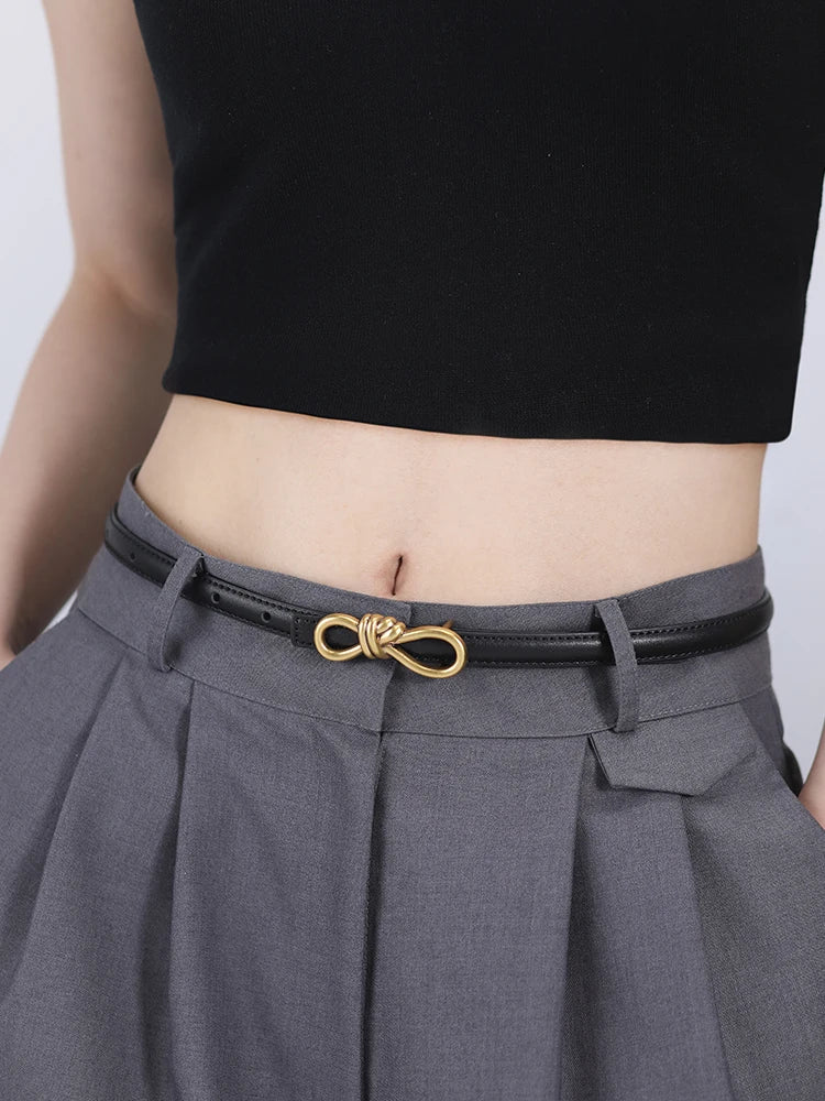 Korea Women Genuine Leather Knotted Thin Waist Belt Fashion Geometric Butterfly Gold Buckle Adjustable Corset Belt For Women