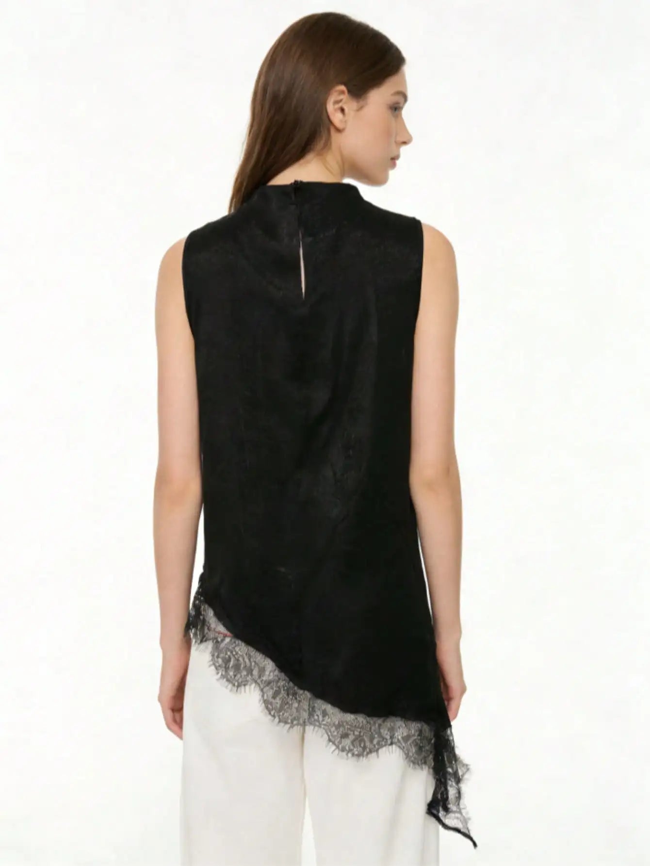 Women's Elegant Black Satin High Neck Blouse Lace Trim Sleeveless Casual Commute & Date Top
