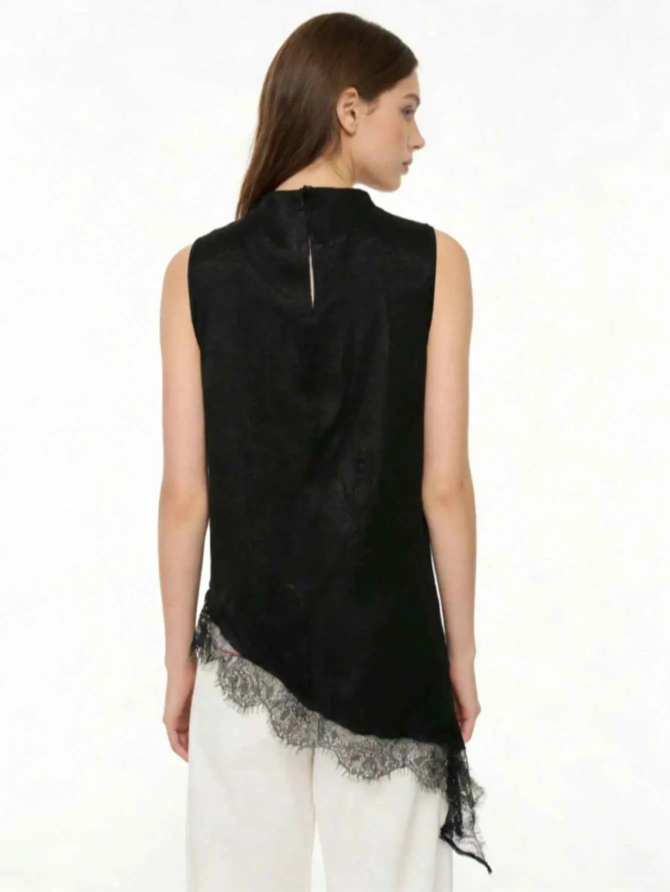 Women's Elegant Black Satin High Neck Blouse Lace Trim Sleeveless Casual Commute & Date Top