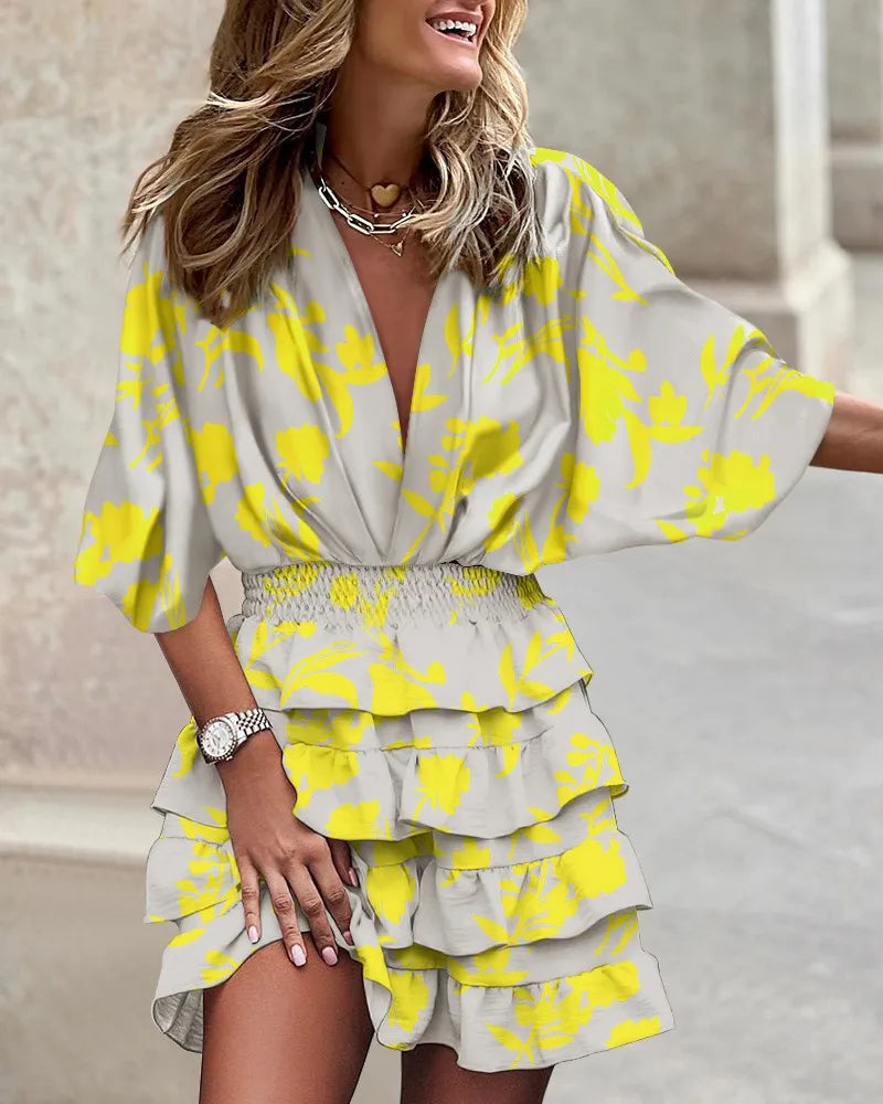 Print  Cross-border independent station fashion classic explosive autumn bat sleeve V-neck hemline irregular dress women's dress