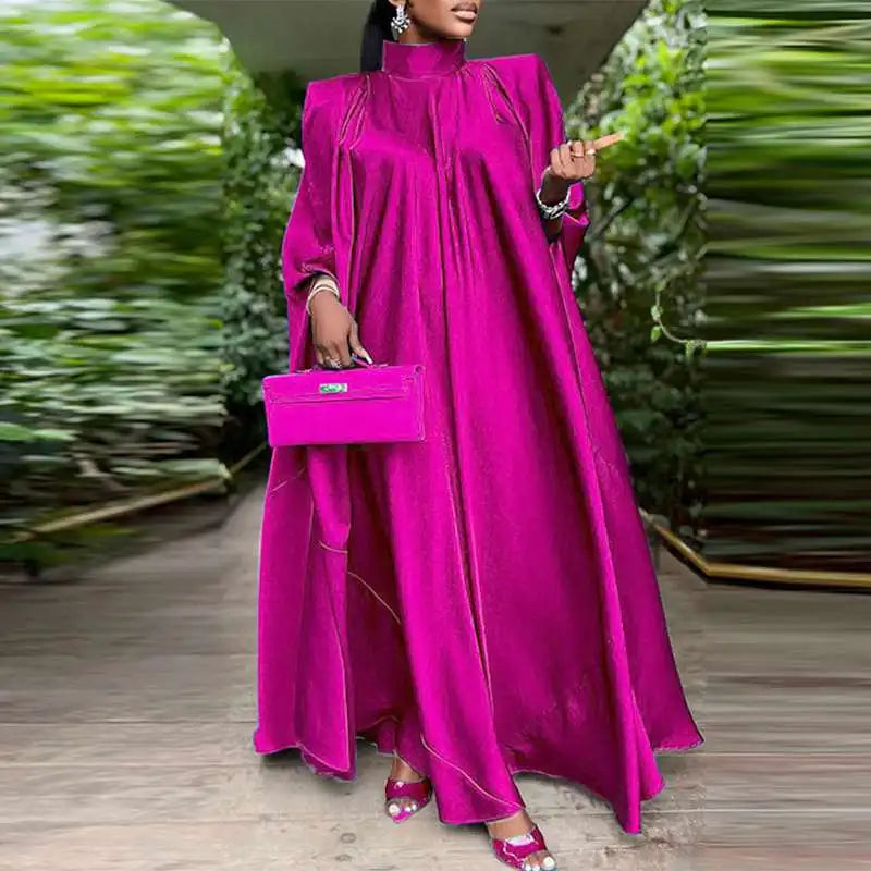 VONDA Women Elegant Satin Dress 2024 Fashion Long Bat Sleeve Stand Collar Evening Pleated Maxi Sundress Casual Solid Loose Robe