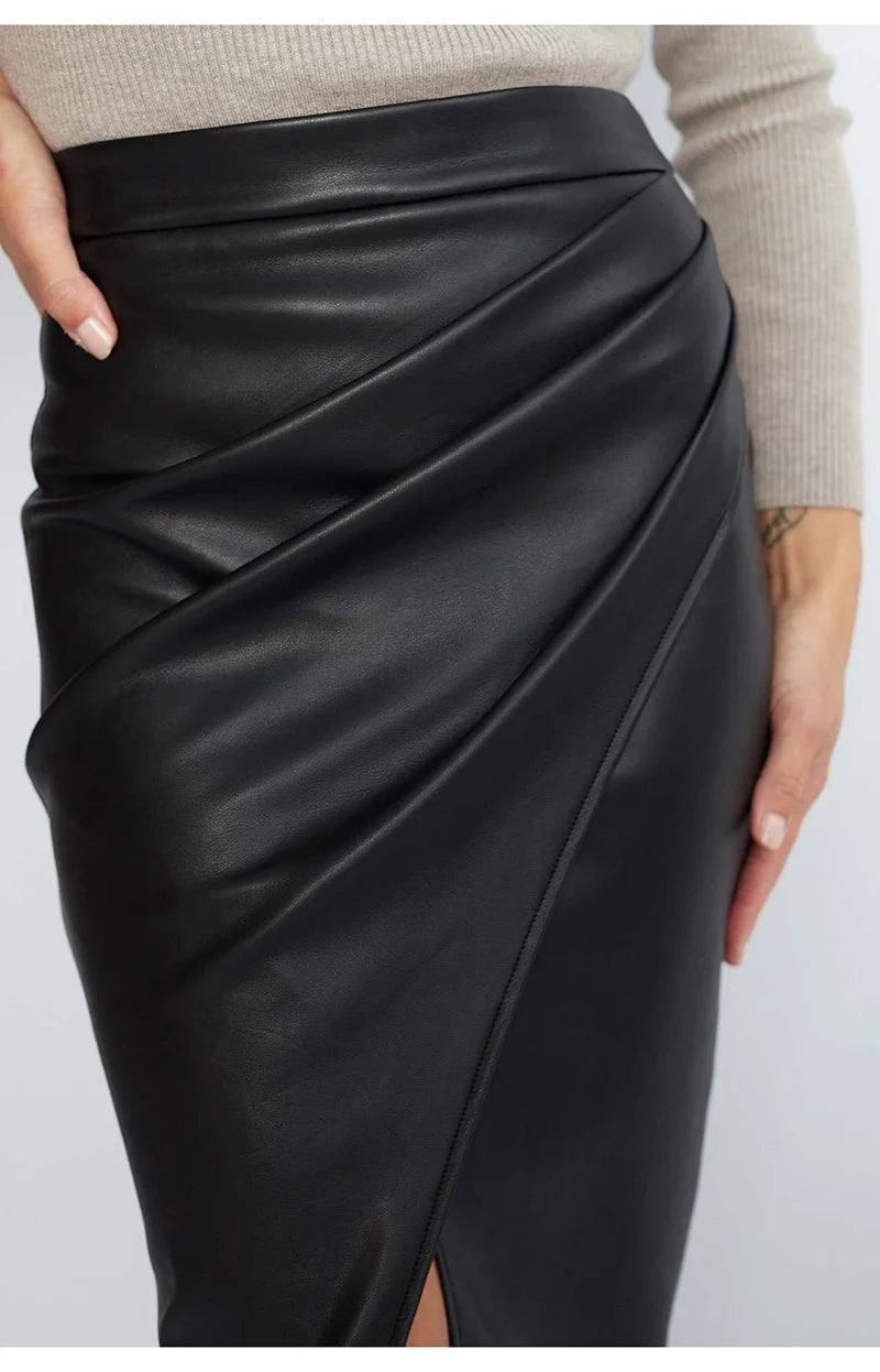 Women Midi Leather Skirt Sexy Split High Waist Zipper PU Front Slit Skirts Ladies Black Faux Leather Folded Skirt For Women