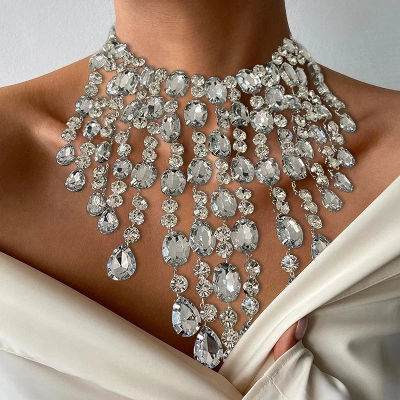 Colar de luxo Maxi Clear Crystal Choker Colar Longo Borla Declaração Colar Pingentes Chunky Collar Jóias