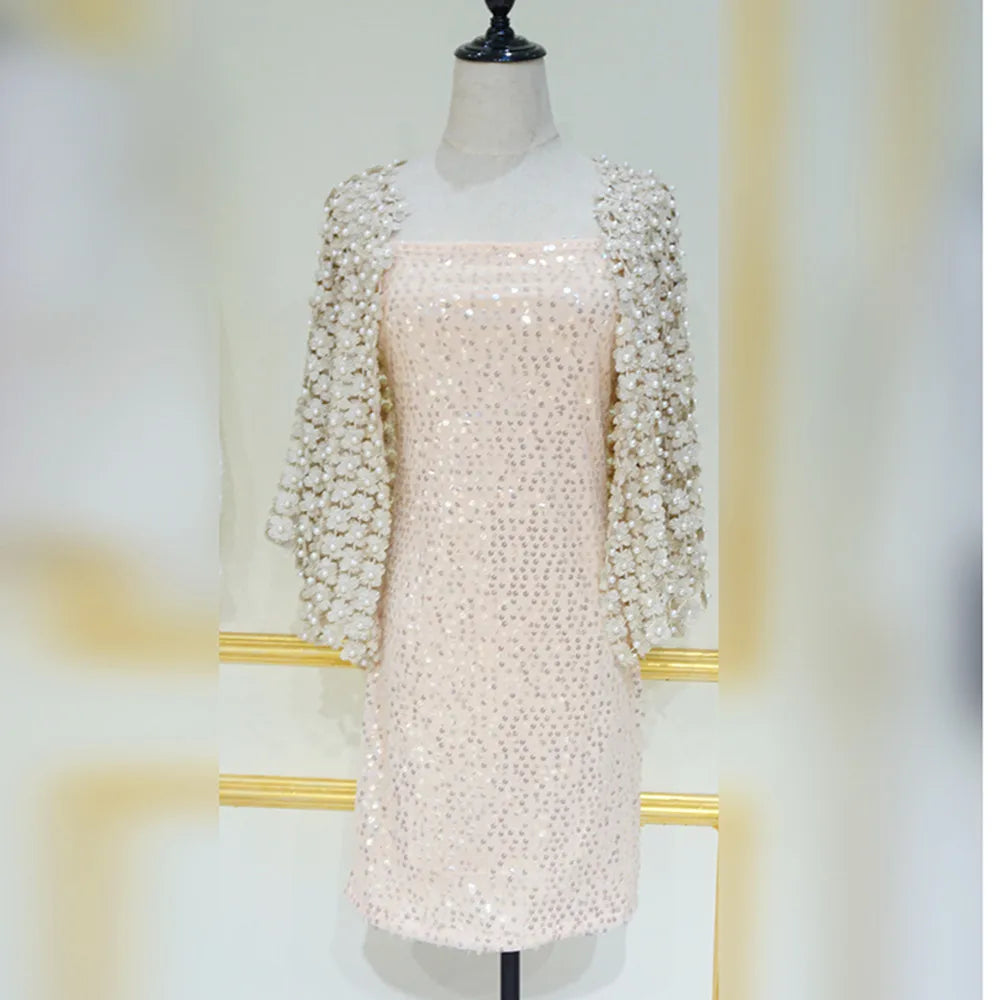 Women Beads Coat 2025 Summer Style Women Perspective Shawl Fashion Hollow Out Lace Boleros Short Sleeve Coats Jackets Femal