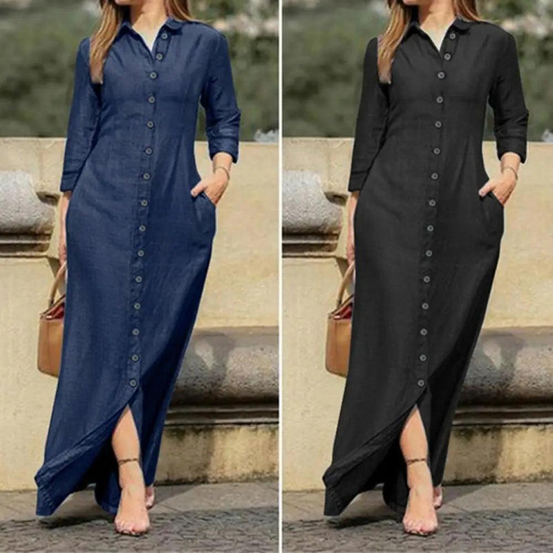 Charming Denim Dress Slim Soft Texture Solid Color Buttons Closure Long Dress Two Pockets Maxi Dress for Vacation - CRAVO ROSE