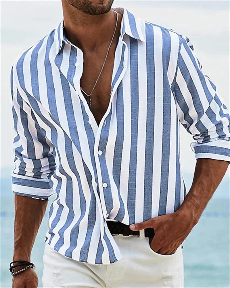 Camisa Masculina Manga Longa Listrada Estampa Top Masculino Social Luxo Masculino Veste Havaiana Elegante Clássico Moda S-6XL - CRAVO ROSE