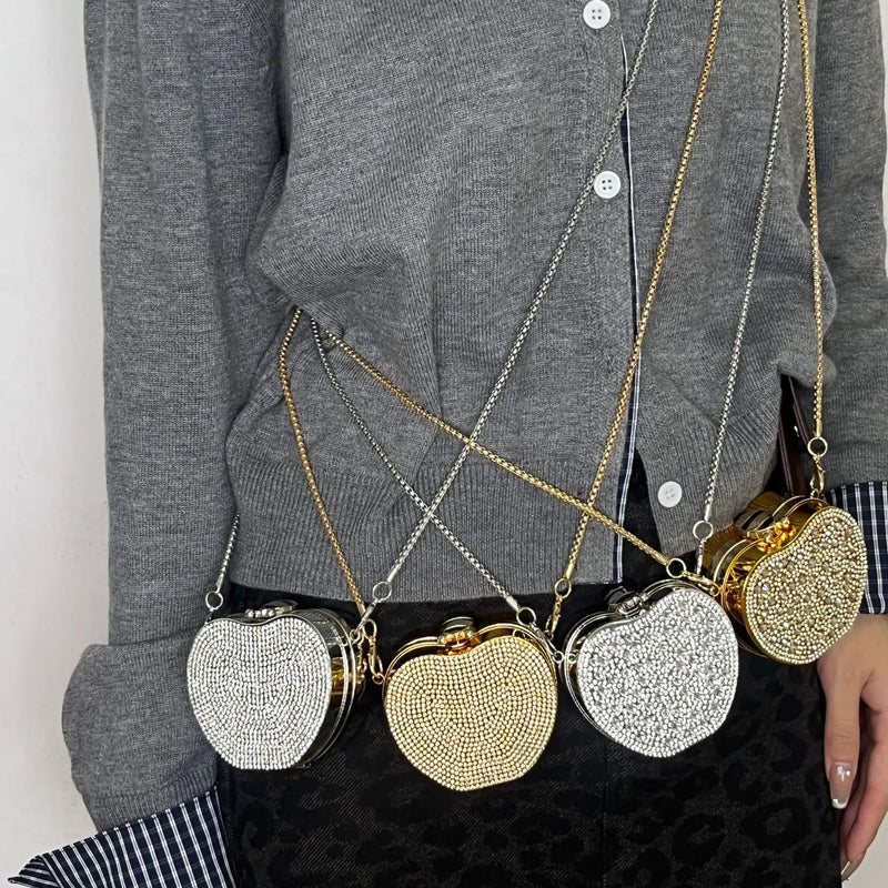 Luxury Diamond Inlay Apple Shape Crystal Clutch Purse Evening Wedding Party Shoulder Bag Handle Rhinestone Mini Handbags