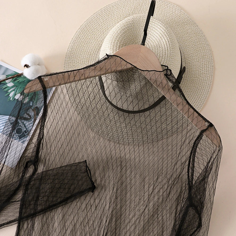 Sexy Mesh Perspective Top Ladies Sheer Blouses Women Lace Floral T Shirt See Through Long Sleeve Tee Shirts Sunscreen Tops