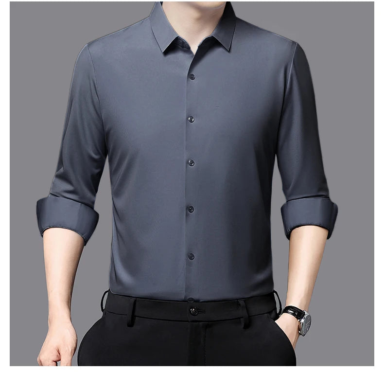 Camisa masculina premium ultraelástica - Camisa formal de manga comprida de seda de alta qualidade para uso social e casual
