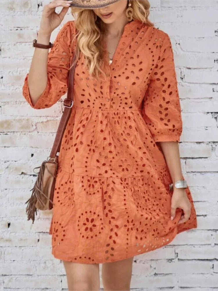 Spring Summer New Solid Color Hollow Out Fashion 7 Point Sleeve Dress Wmen's Casual Loose Simple Elegant Female Holiday Dresses
