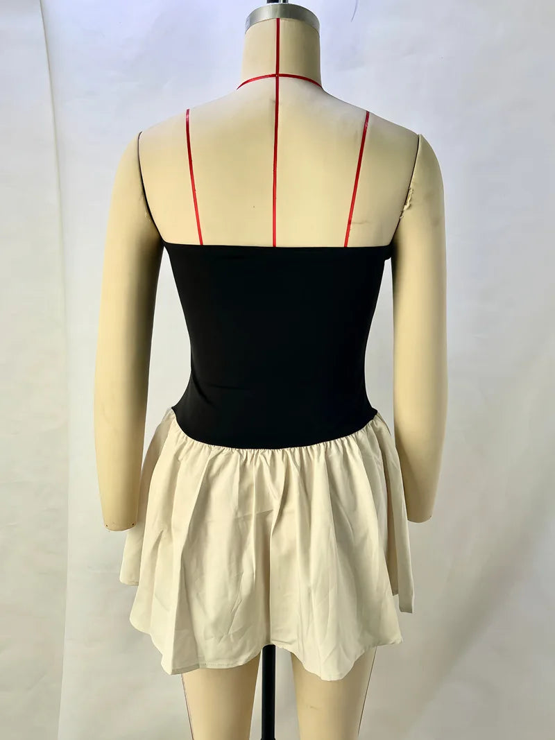 Slim Folds Tube Top Mini Dresses For Women Bodycon Backless Contrasting Colors Dresses Summer Sexy Off Shoulder Elegant Vestidos