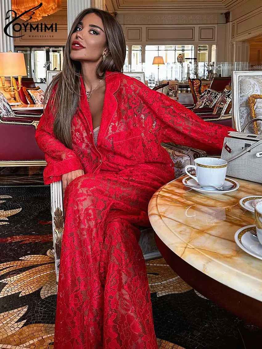 Oymimi Summer Pink Perspective Sets Womens 2 Piece Casual Long Sleeve Button Shirts And High Waist Straight Trousers Female Sets