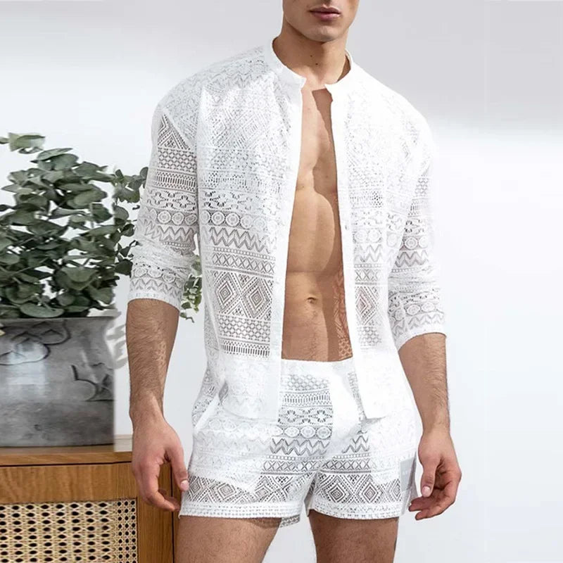 Conjuntos masculinos de manga comprida, camisa com recorte de renda, shorts casuais, terno masculino de duas peças