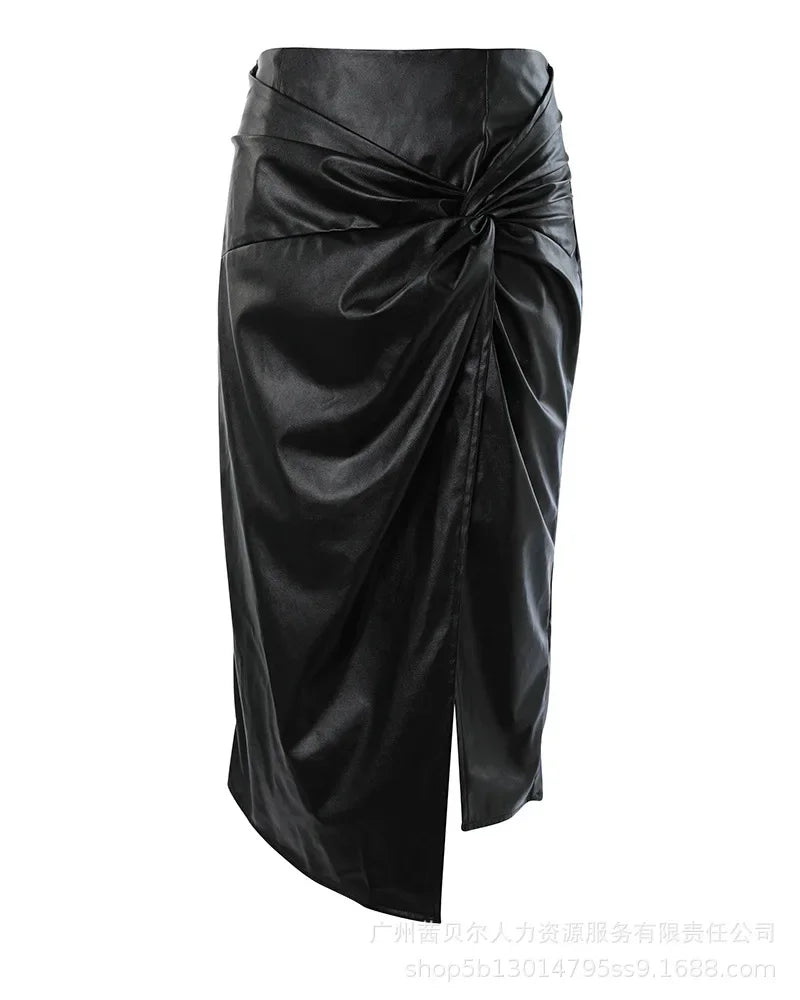 Fashion Womens Skirts 2023 Black Twist Asymmetric PU Half Skirt for Women