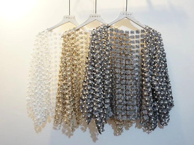 Women Beads Coat 2025 Summer Style Women Perspective Shawl Fashion Hollow Out Lace Boleros Short Sleeve Coats Jackets Femal