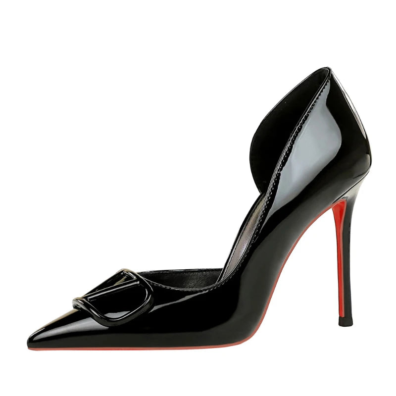 European Banquet Pointed V-Buckle High Heels Thin Heel Patent Leather Side Air Quality Women's Shoes Fashionable And Elegant