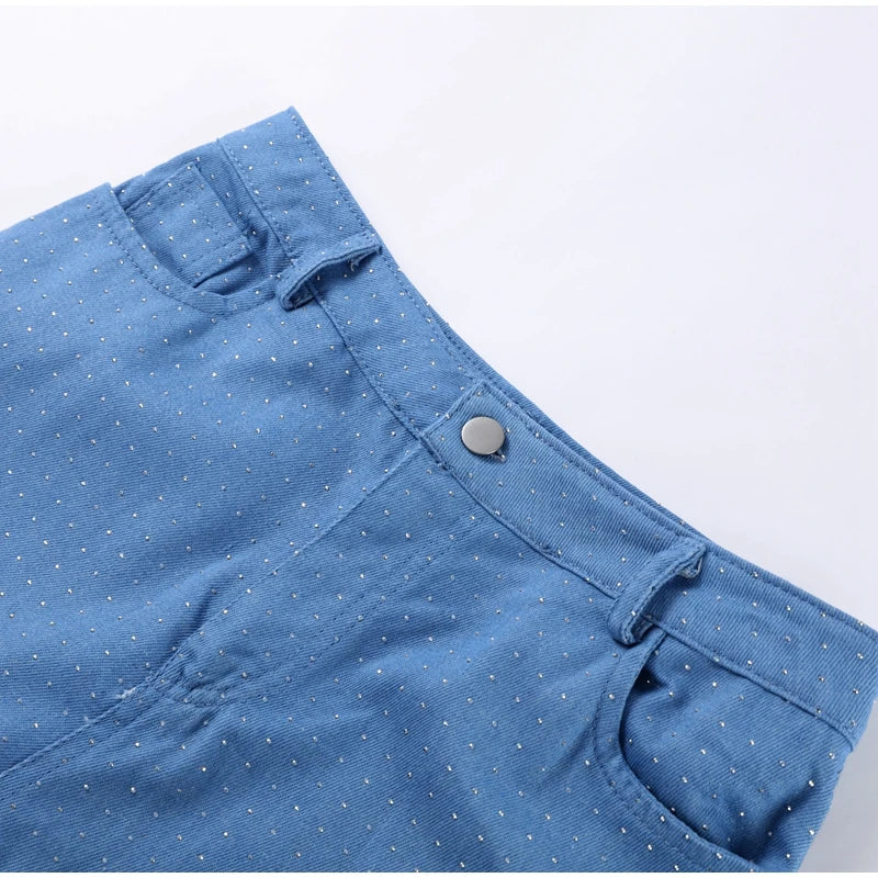Conjunto jeans feminino com strass brilhantes, espartilho modelador, top curto, jeans slim fit, roupa de festa, boate, estilo cowgirl