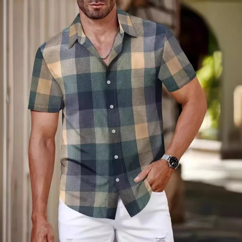 2024 Cross Border Amazon Summer New Plaid Shirt Summer Men's Short Sleeve Lapel Youth Casual Short Sleeve Men's Shirt