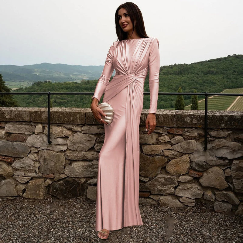 Ladies Autumn Elegant Evening Party Dress Women Long Sleeve O-Neck Ruched Fashion Maxi Dresses Night Club Streetwear Fall Outfit