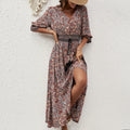 Vestido feminino de verão, novo, decote em V, mangas três quartos, manga lanterna, cintura, gravata, boêmio, viagem, férias, praia