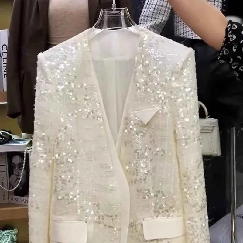 European Brand V-neck Temperament Socialite Sequin Jacket For Women, Mid To Long Style, Stylish Thin Style, Sparkling Top XQ145